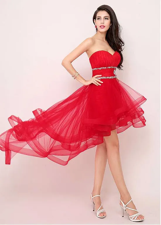 Red Exquisite Silk-like Hi-lo Prom Dresses