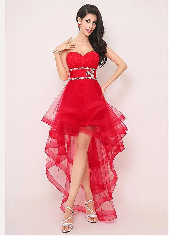 Red Exquisite Silk-like Hi-lo Prom Dresses