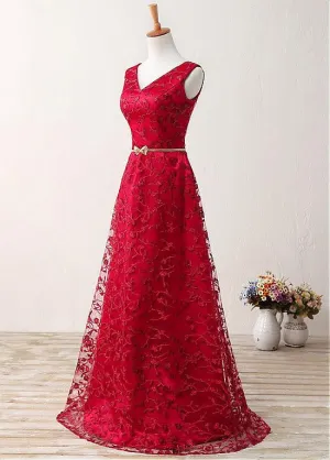 Red Fabulous Lace V-neck Prom Dresses