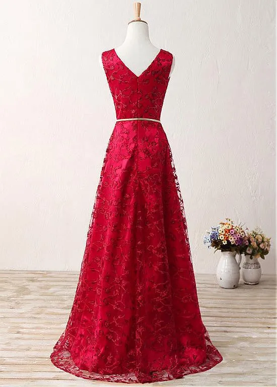 Red Fabulous Lace V-neck Prom Dresses