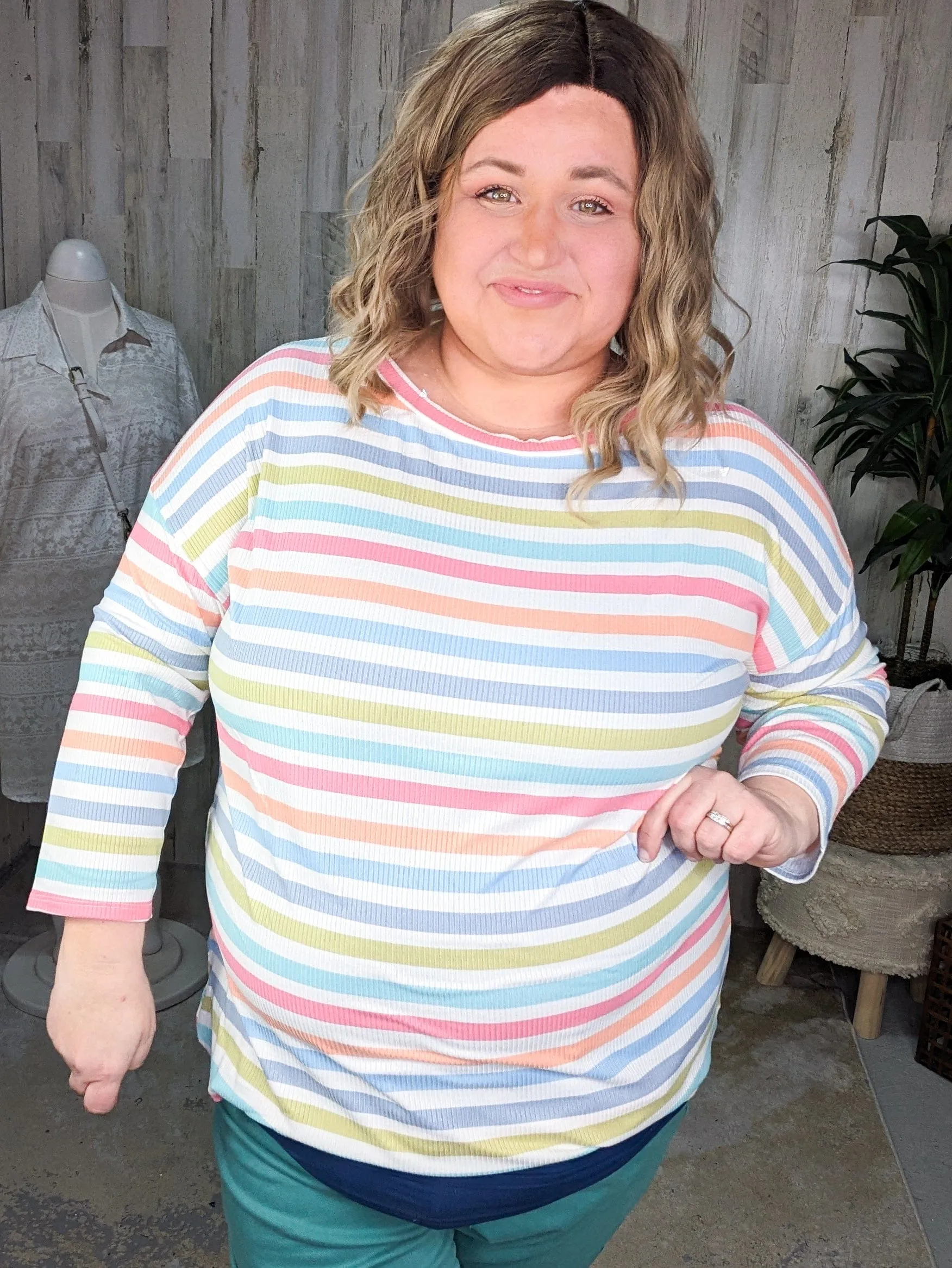 SALE- Alex 3/4 Sleeve Ribbed Top in Spring Stripes