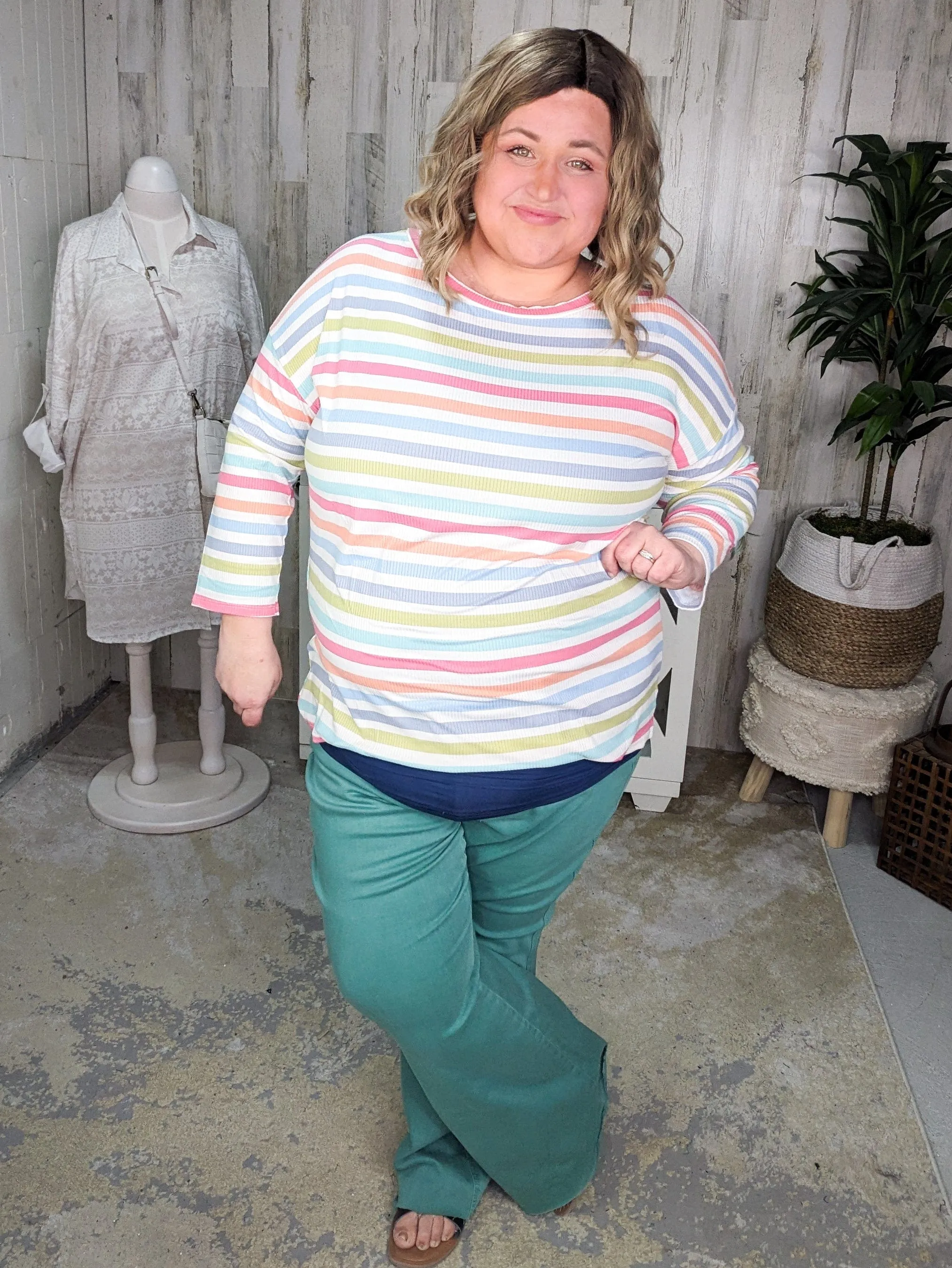 SALE- Alex 3/4 Sleeve Ribbed Top in Spring Stripes