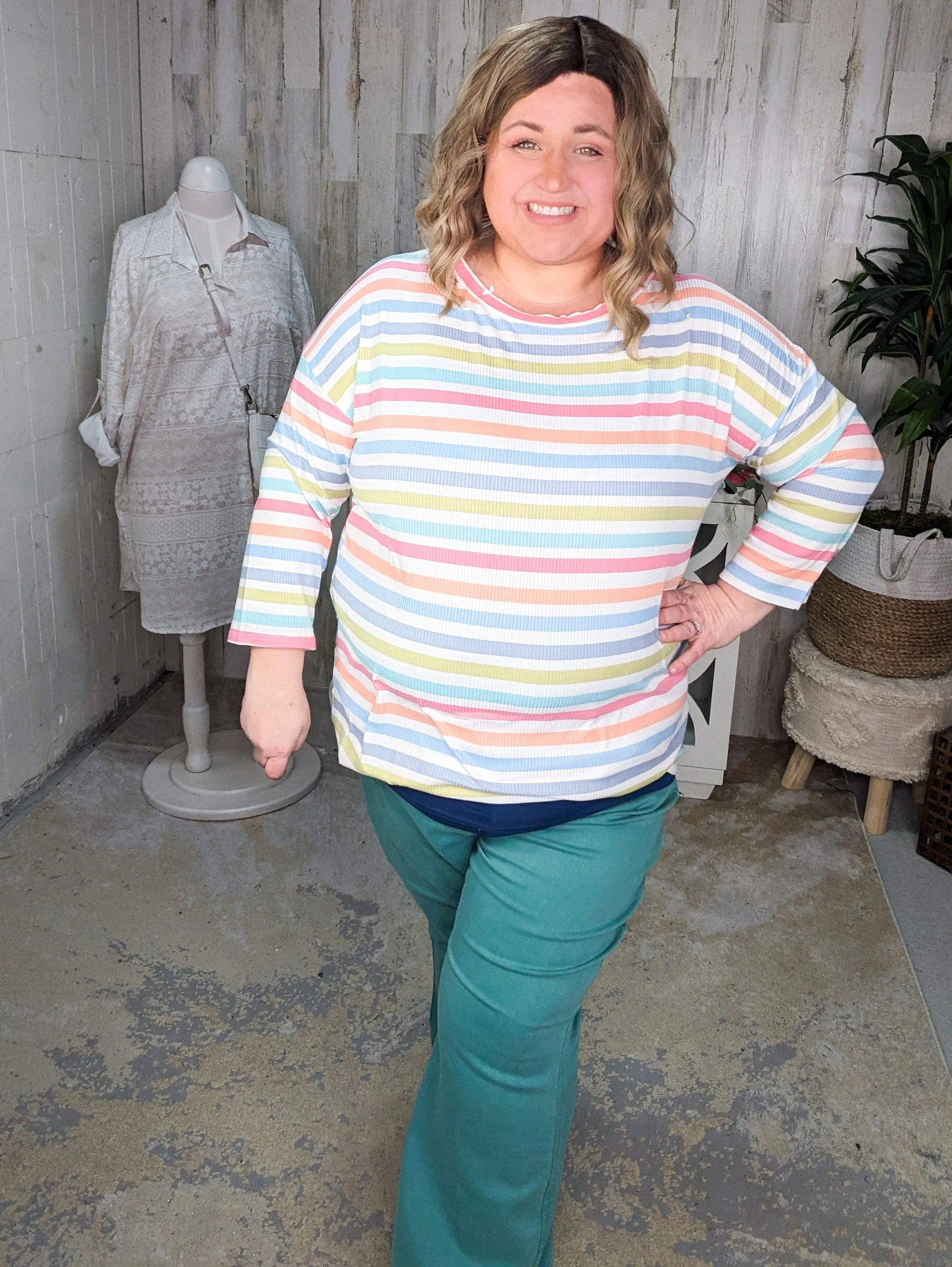 SALE- Alex 3/4 Sleeve Ribbed Top in Spring Stripes