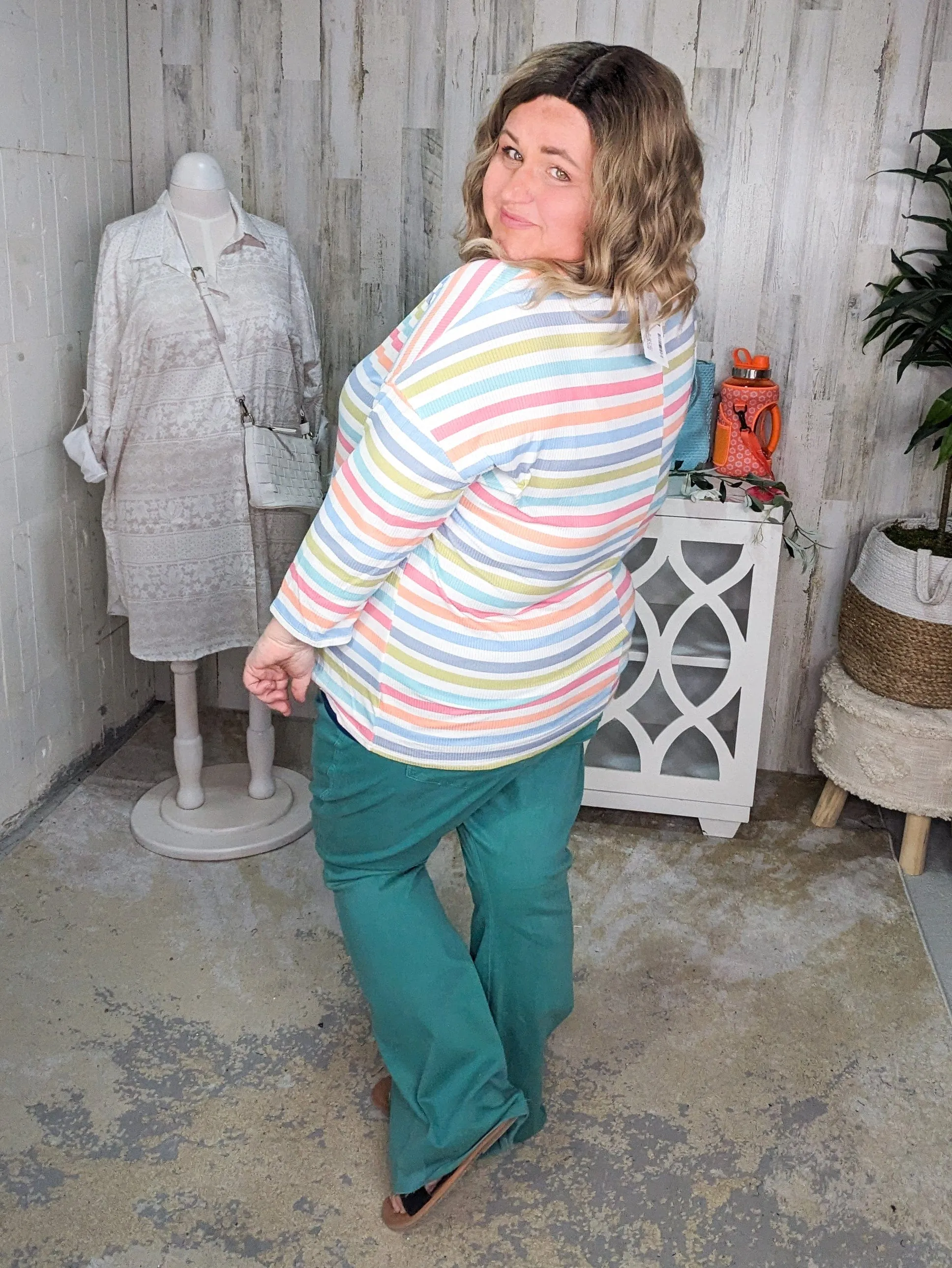 SALE- Alex 3/4 Sleeve Ribbed Top in Spring Stripes