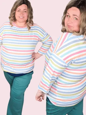SALE- Alex 3/4 Sleeve Ribbed Top in Spring Stripes