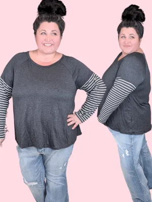 SALE- Oaklee Stripe Sleeve Layered Look Top in Charcoal