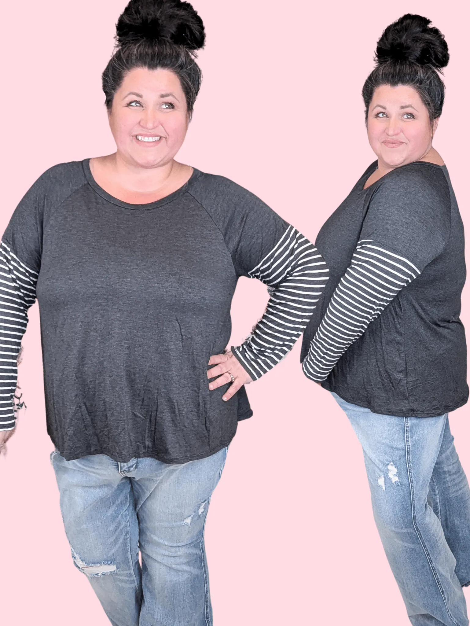 SALE- Oaklee Stripe Sleeve Layered Look Top in Charcoal