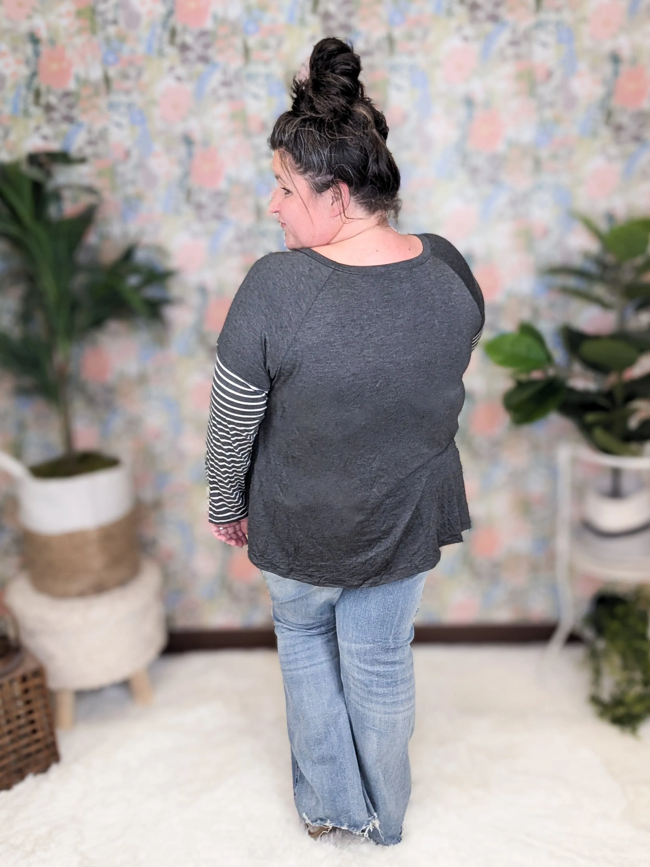SALE- Oaklee Stripe Sleeve Layered Look Top in Charcoal