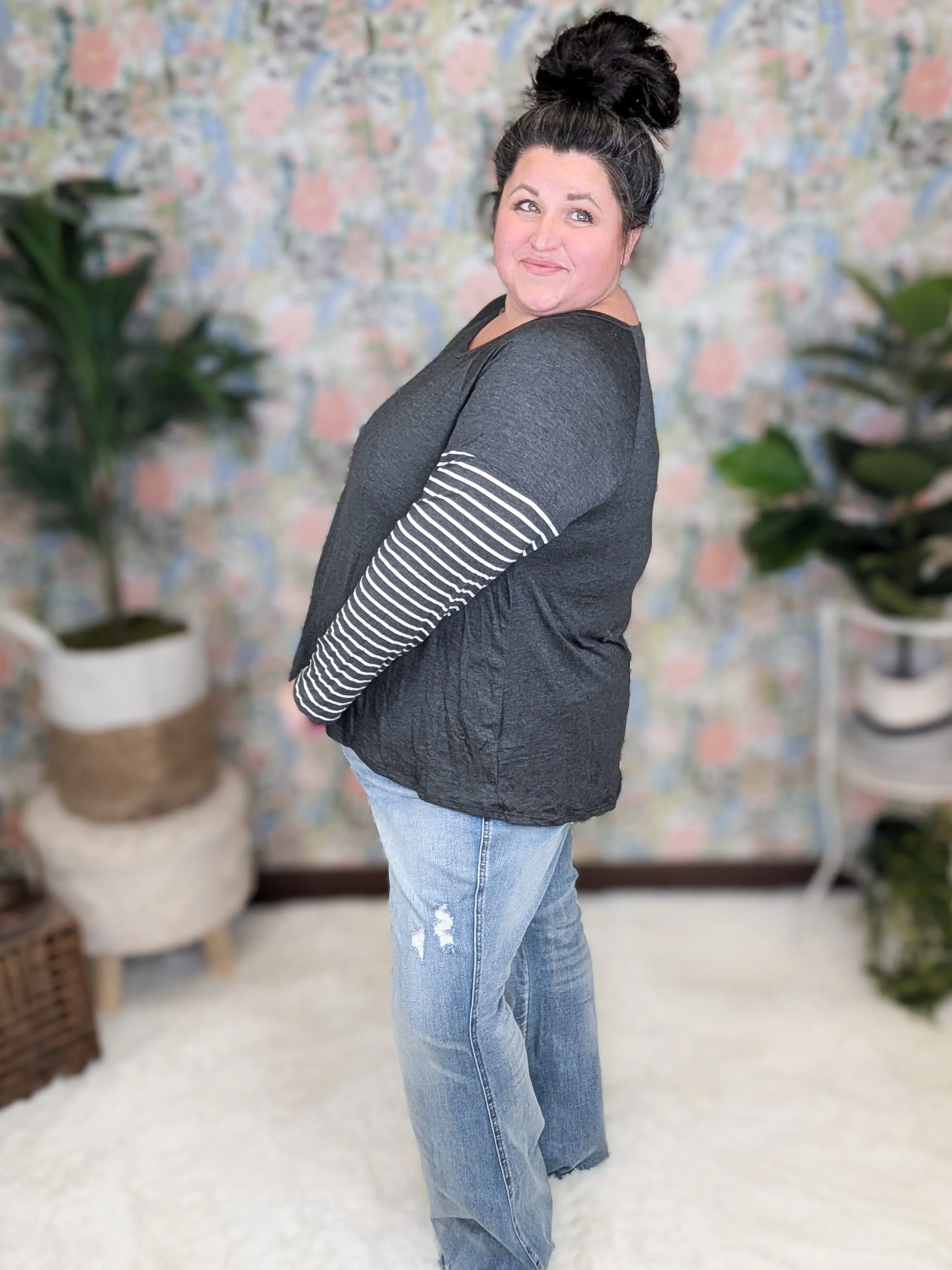 SALE- Oaklee Stripe Sleeve Layered Look Top in Charcoal