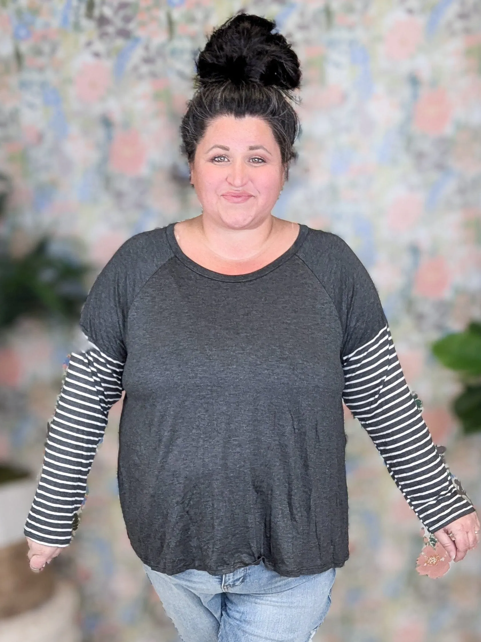 SALE- Oaklee Stripe Sleeve Layered Look Top in Charcoal