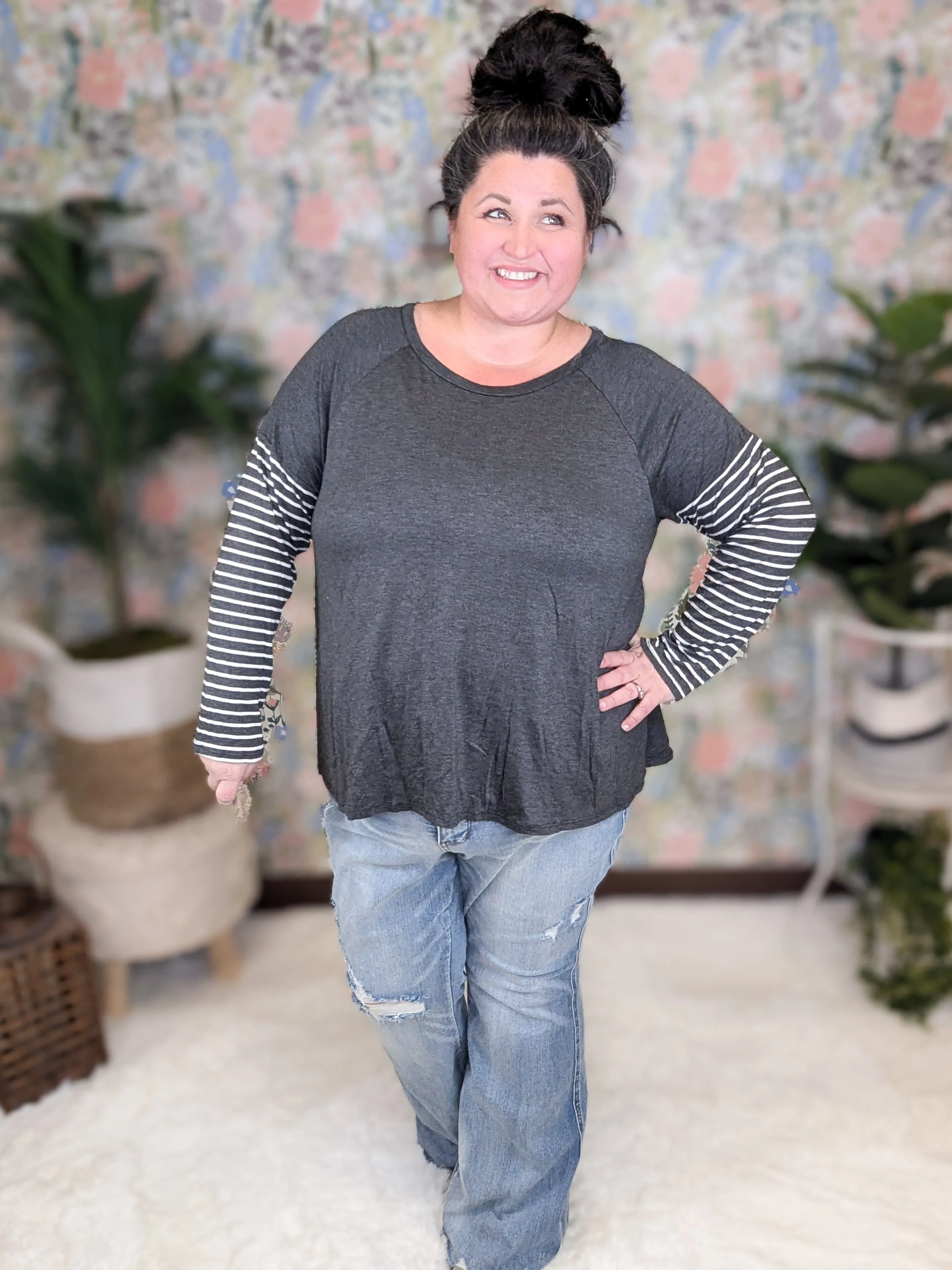 SALE- Oaklee Stripe Sleeve Layered Look Top in Charcoal