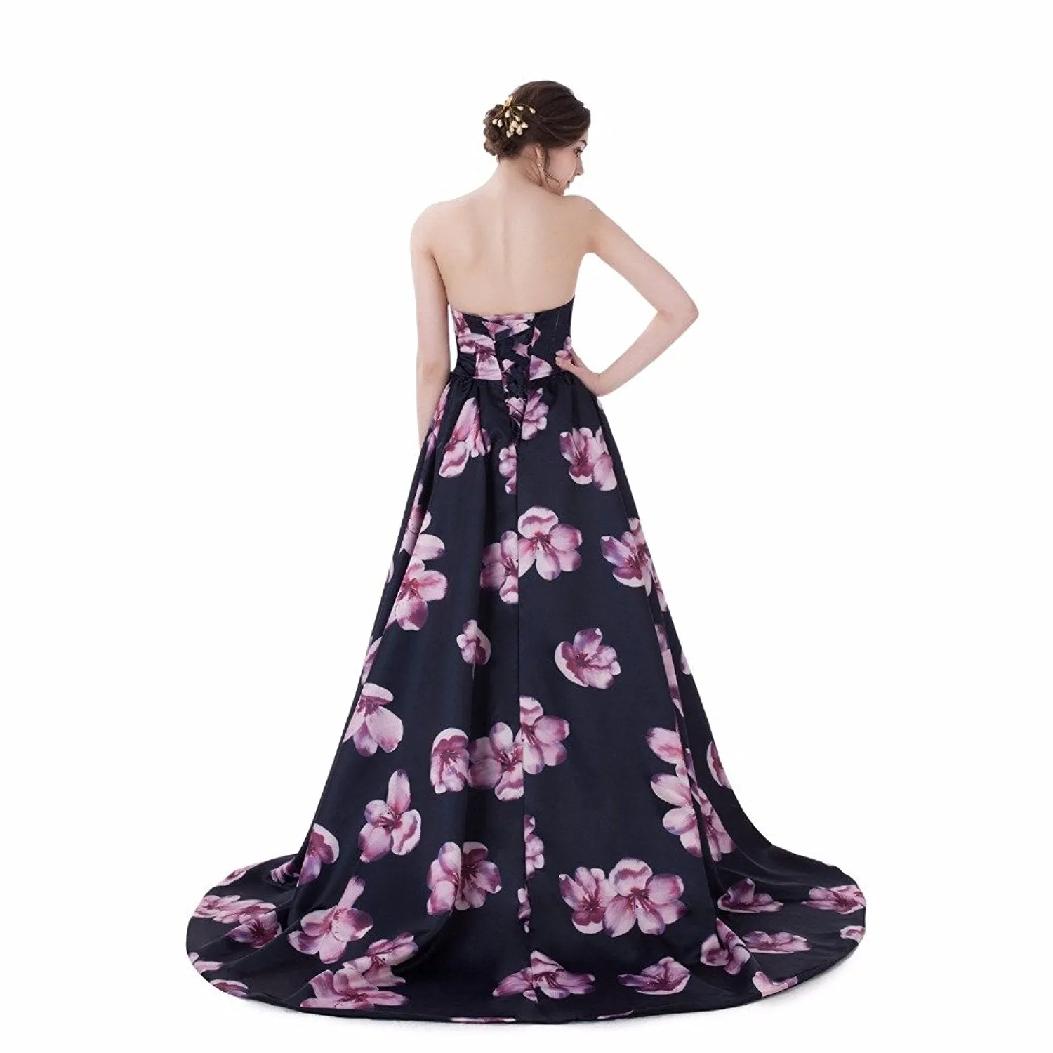 Satin Sleeveless Print Black Prom Dress