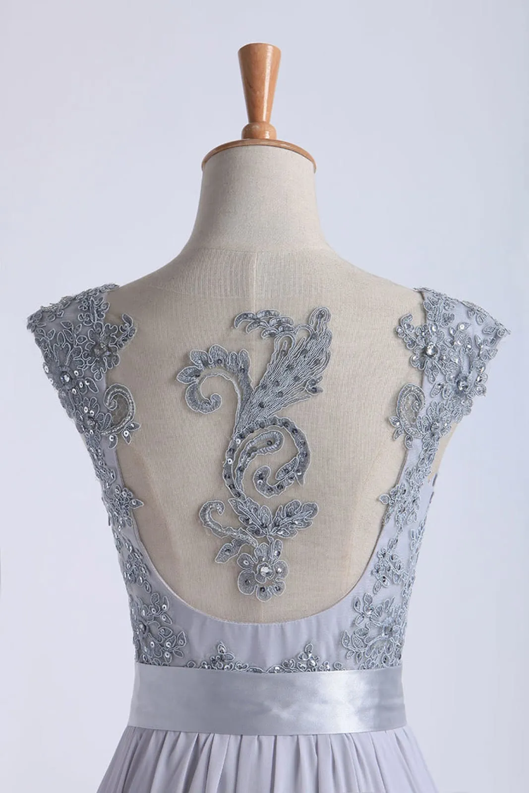 Sequin Lace Cap Sleeve A-line Chiffon Tulle Prom Dress Bridesmaid Dress, Sash