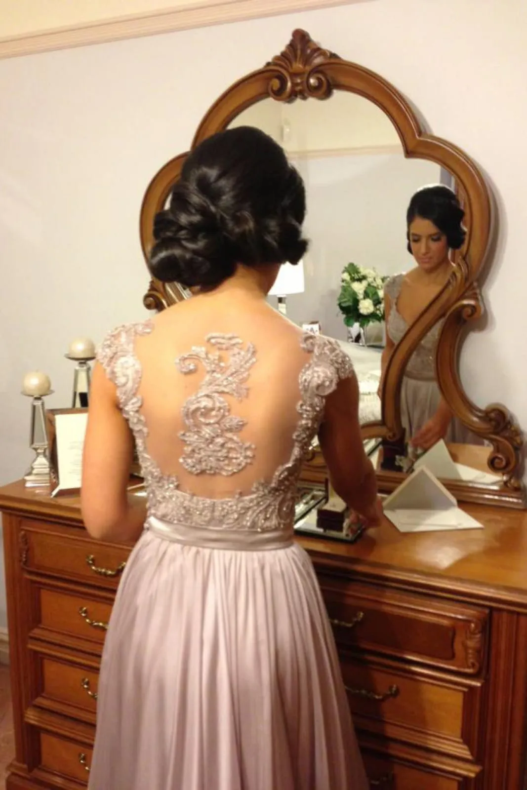 Sequin Lace Cap Sleeve A-line Chiffon Tulle Prom Dress Bridesmaid Dress, Sash