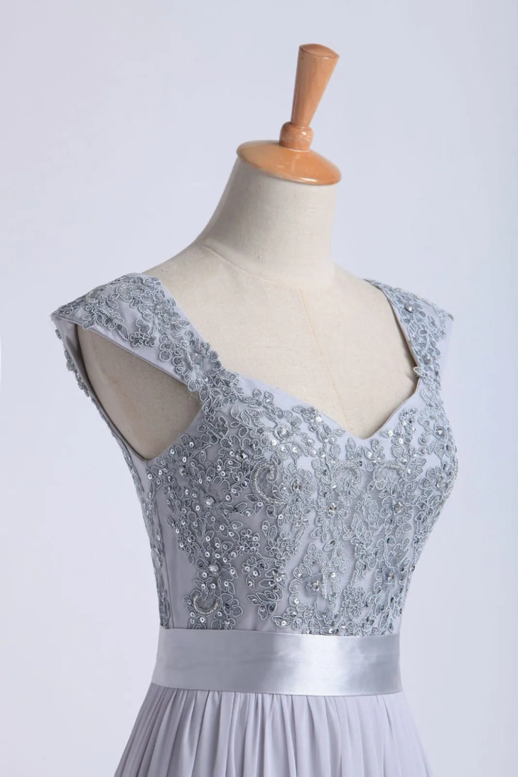 Sequin Lace Cap Sleeve A-line Chiffon Tulle Prom Dress Bridesmaid Dress, Sash