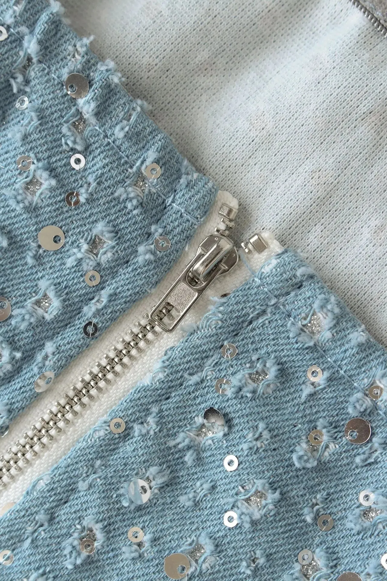 Sequined Denim Two-Piece Sets – Strapless Corset Tank Top and Mini Skirt