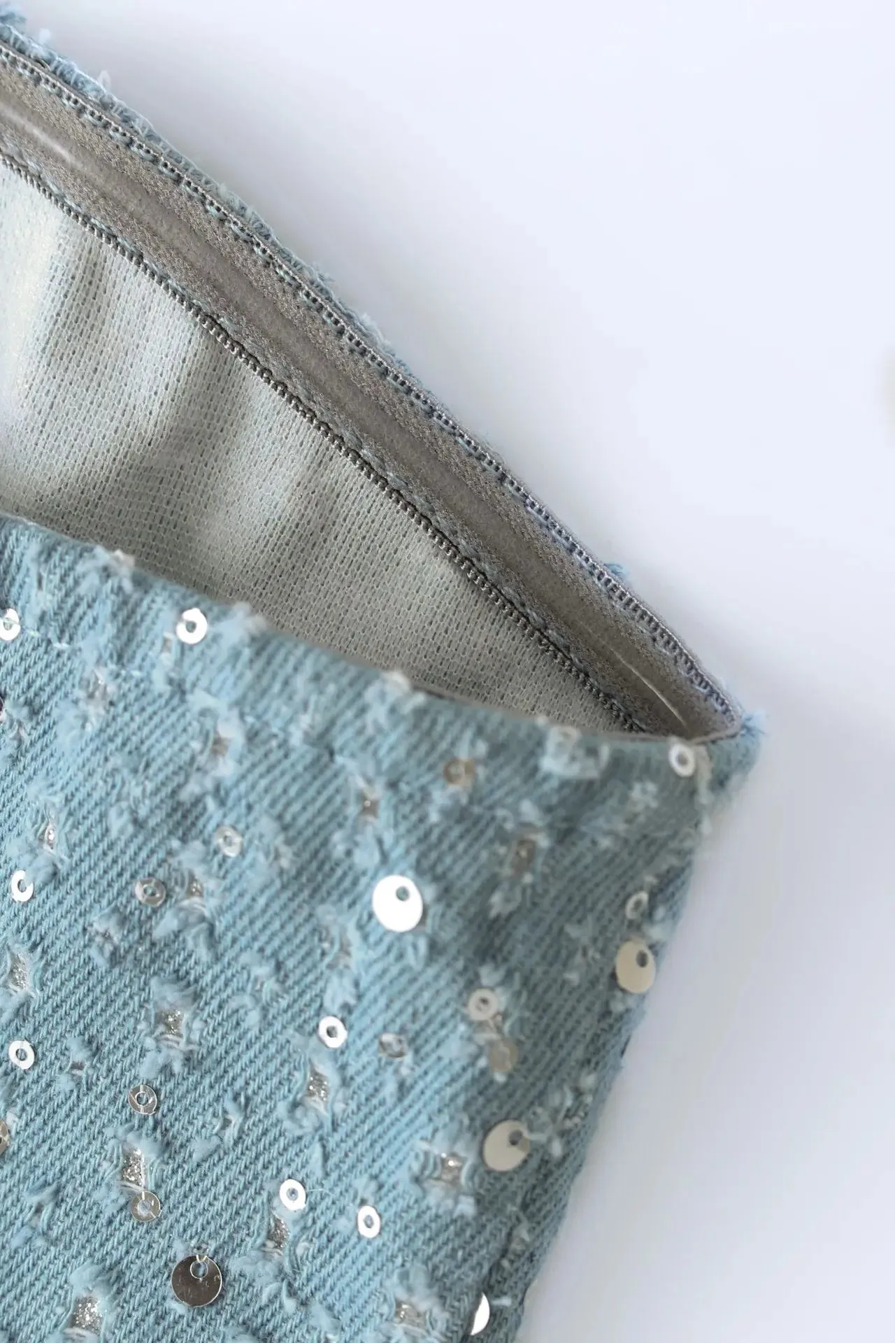 Sequined Denim Two-Piece Sets – Strapless Corset Tank Top and Mini Skirt
