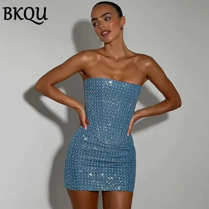 Sequined Denim Two-Piece Sets – Strapless Corset Tank Top and Mini Skirt