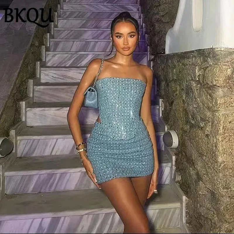 Sequined Denim Two-Piece Sets – Strapless Corset Tank Top and Mini Skirt