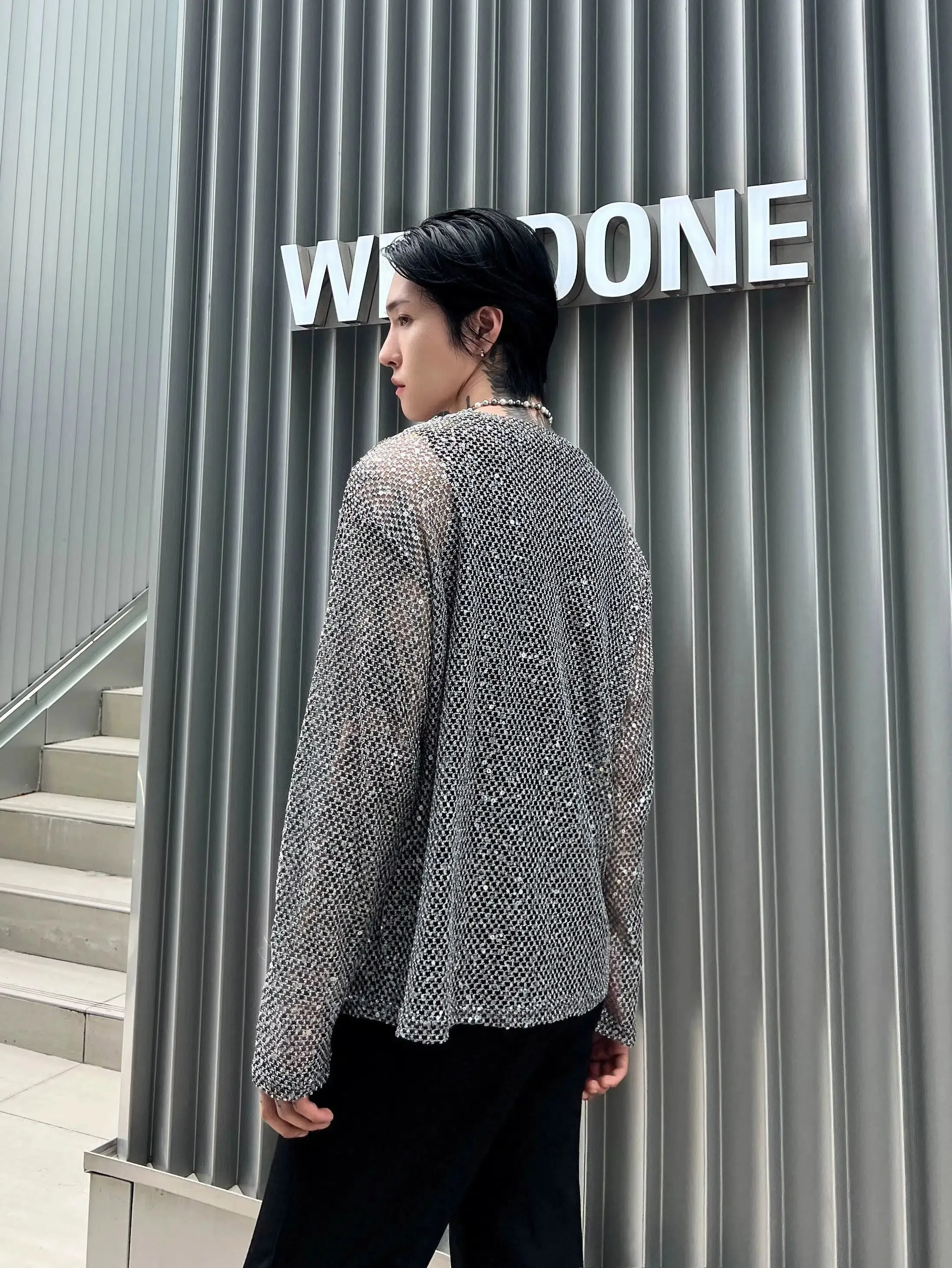 Sequined Mesh Hollow Long Sleeve T-shirt