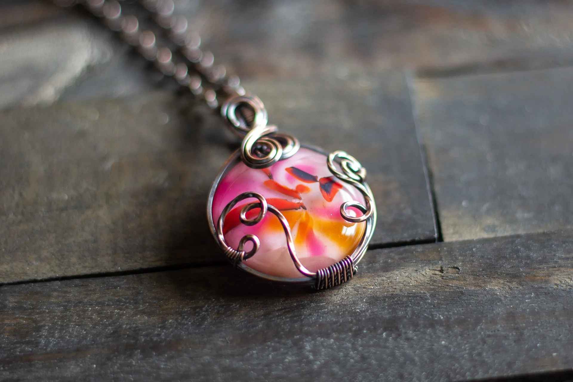 Shades of Pink Fused Glass and Copper Wire Pendant