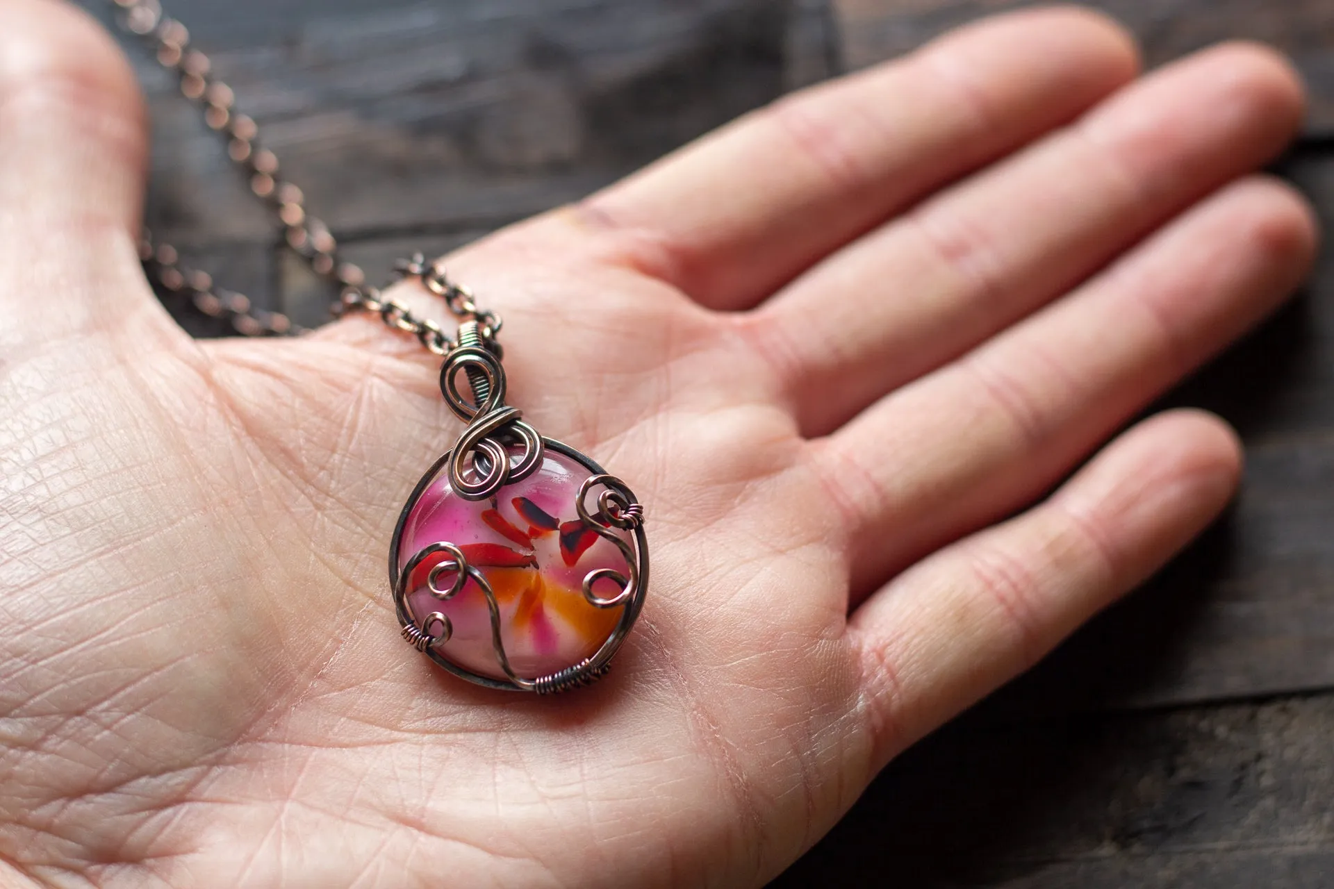 Shades of Pink Fused Glass and Copper Wire Pendant