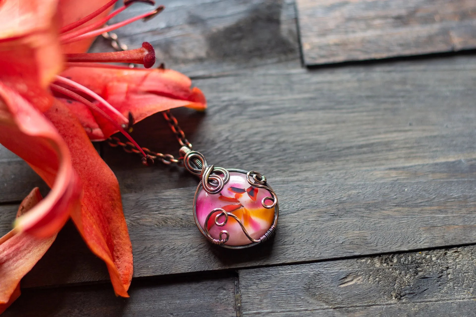 Shades of Pink Fused Glass and Copper Wire Pendant