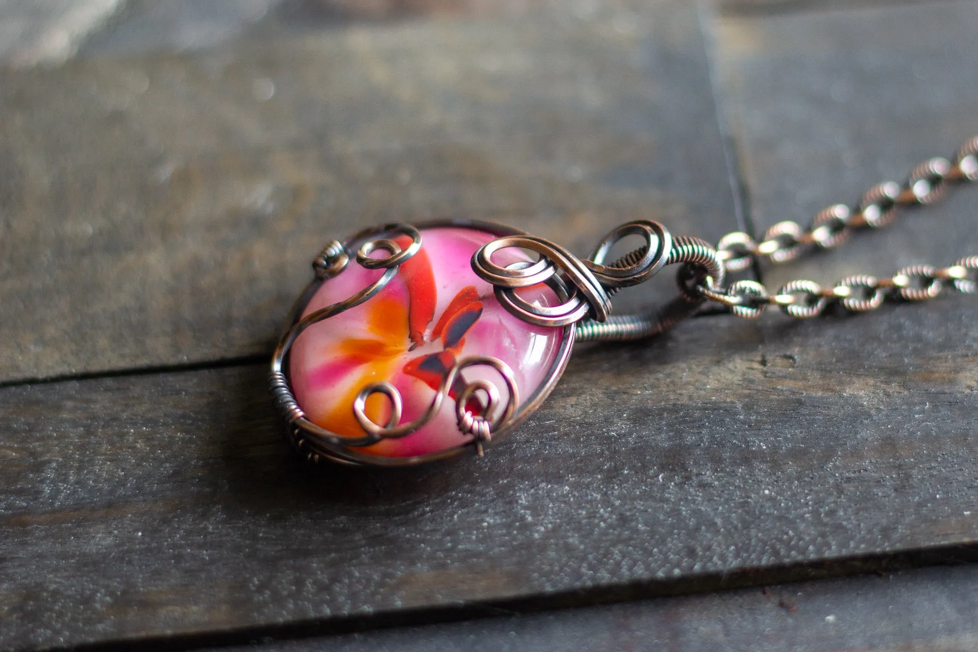 Shades of Pink Fused Glass and Copper Wire Pendant