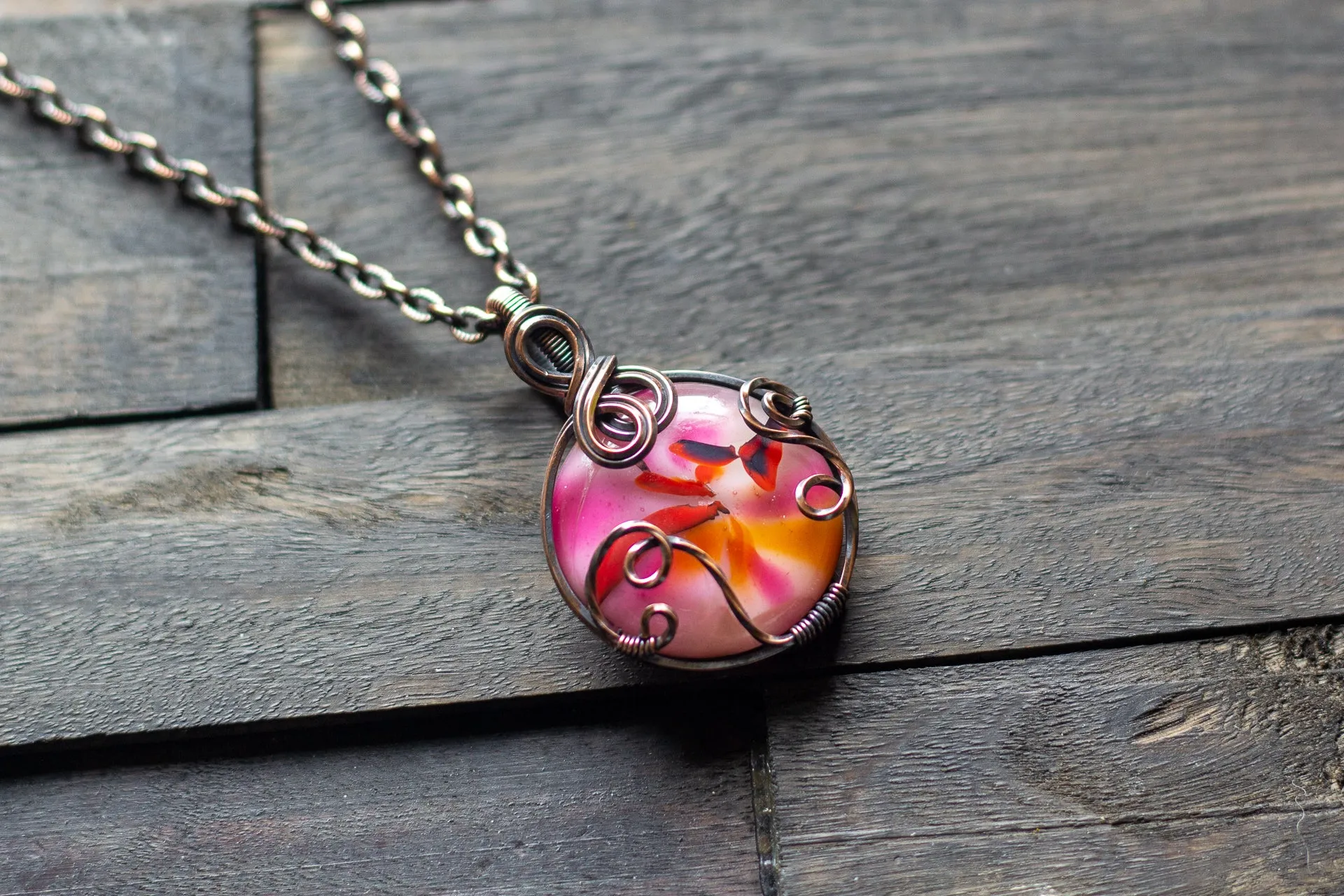 Shades of Pink Fused Glass and Copper Wire Pendant