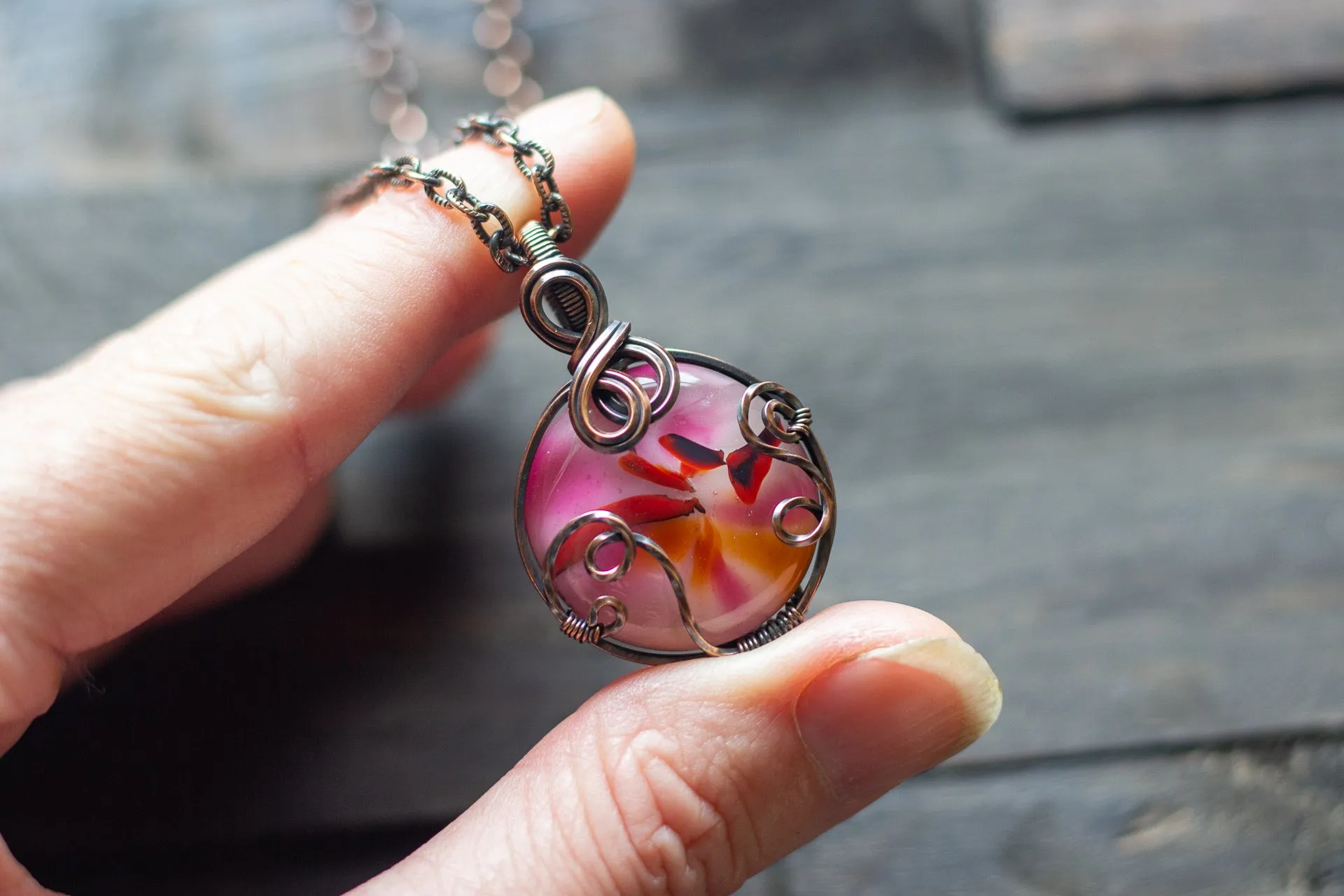 Shades of Pink Fused Glass and Copper Wire Pendant