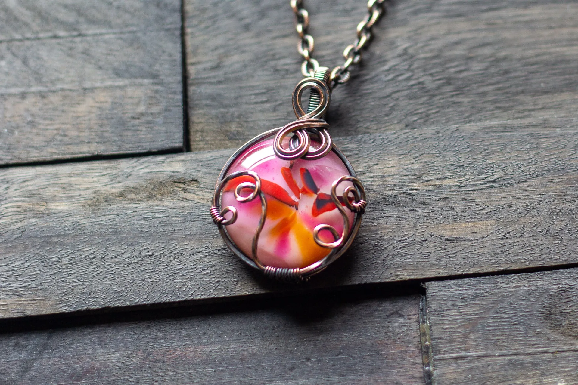 Shades of Pink Fused Glass and Copper Wire Pendant