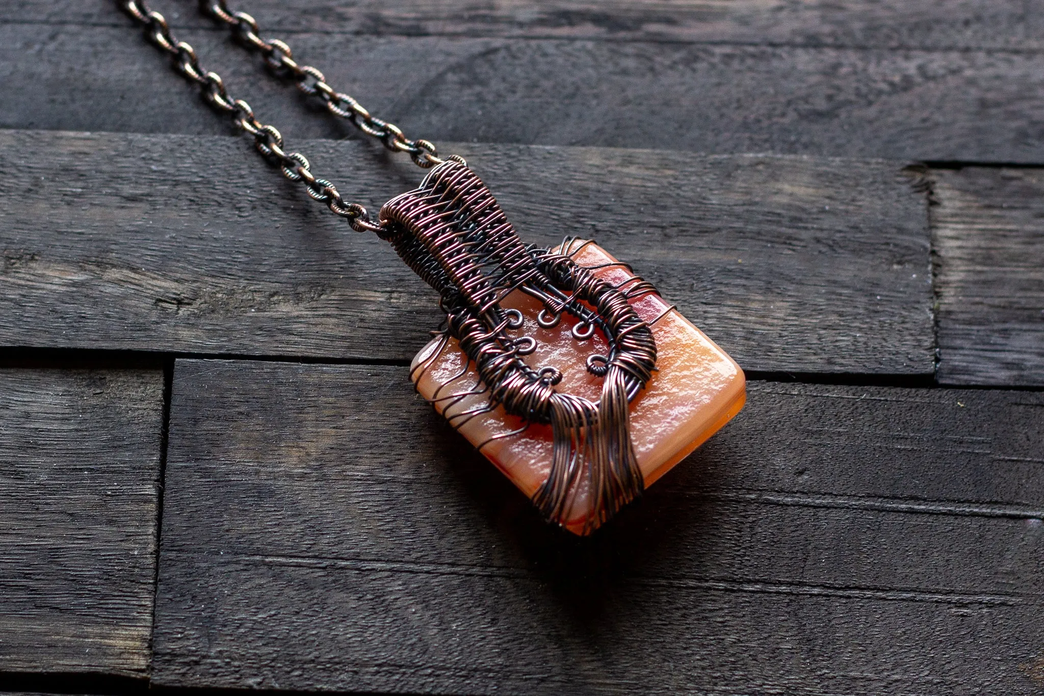 Shades of Sunset Fused Glass Pendant with Copper Tree of Life