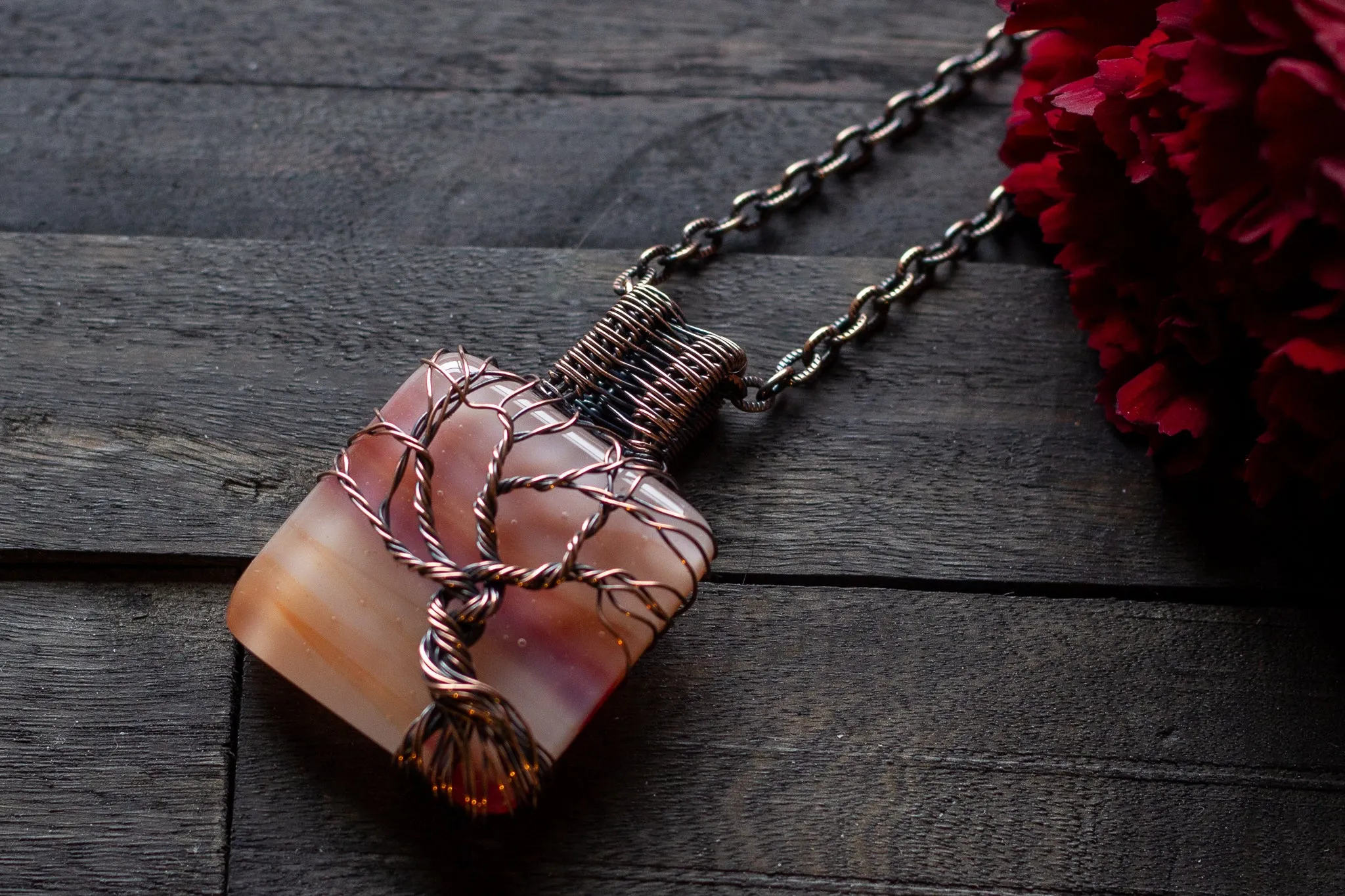 Shades of Sunset Fused Glass Pendant with Copper Tree of Life