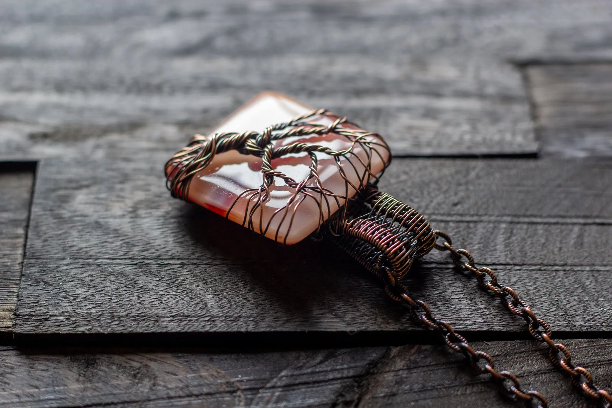 Shades of Sunset Fused Glass Pendant with Copper Tree of Life