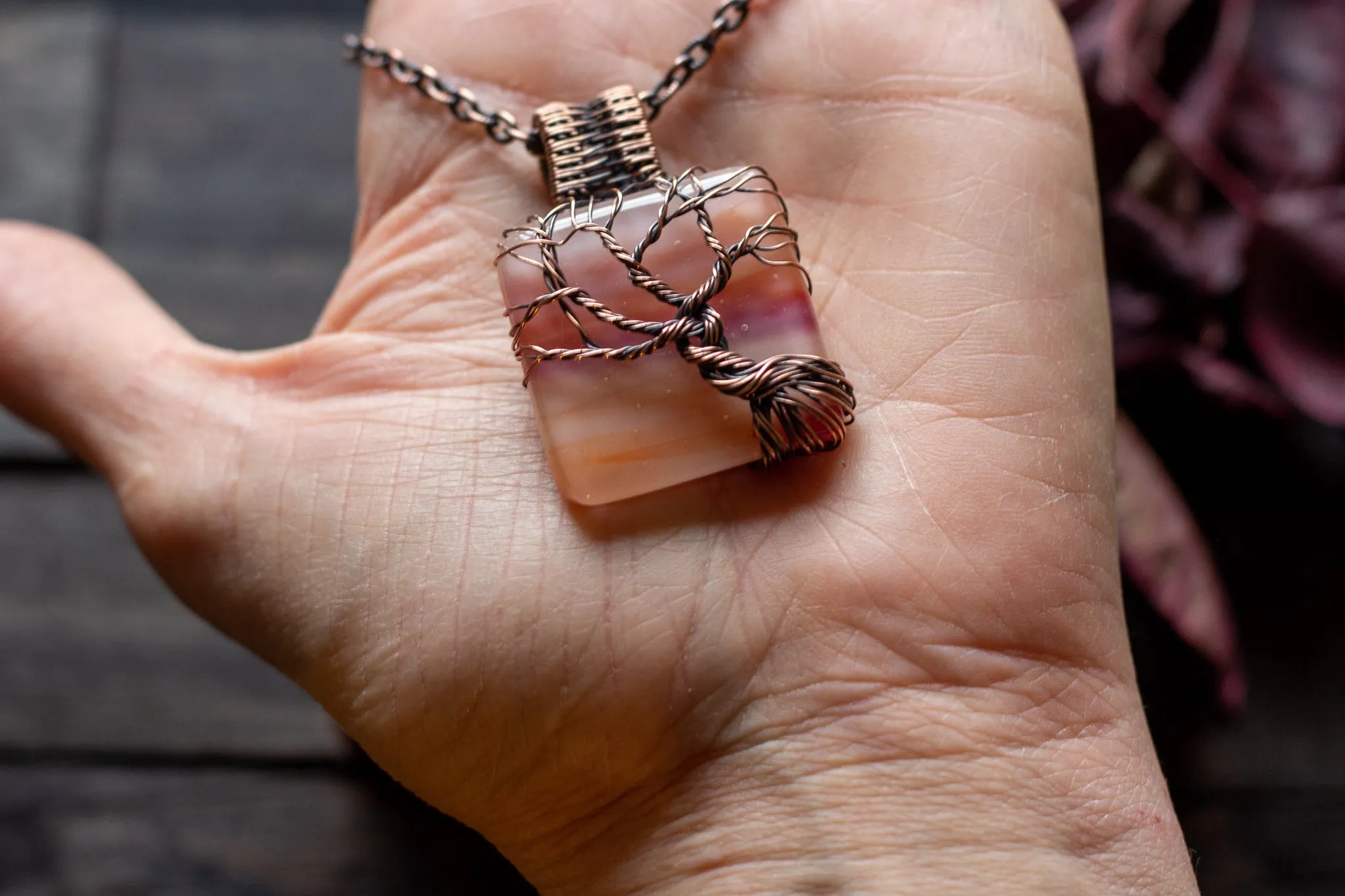 Shades of Sunset Fused Glass Pendant with Copper Tree of Life
