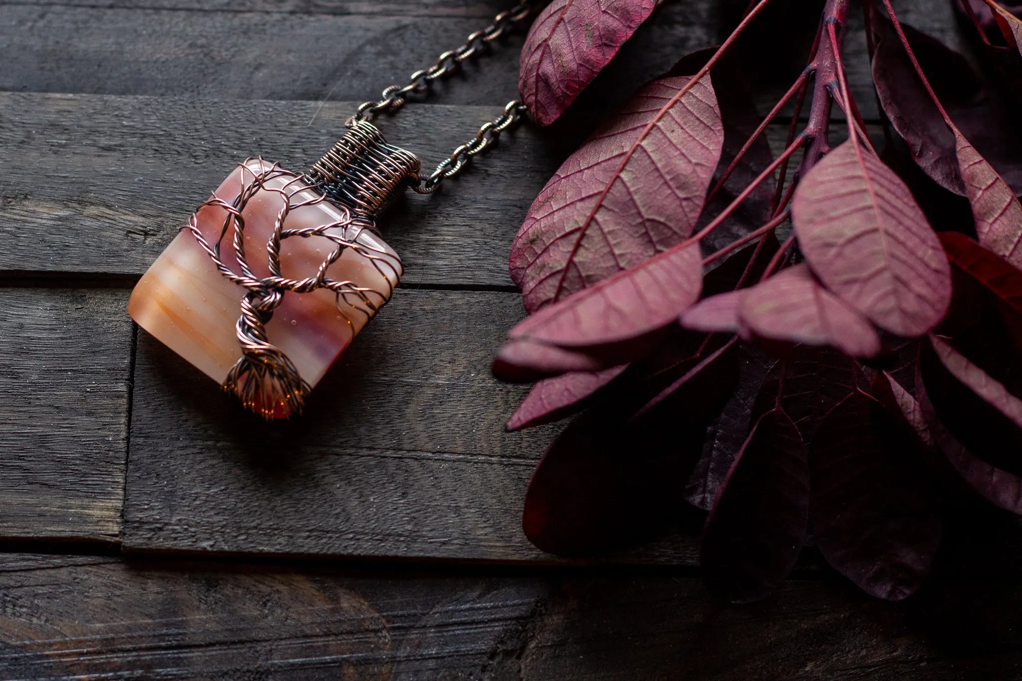 Shades of Sunset Fused Glass Pendant with Copper Tree of Life