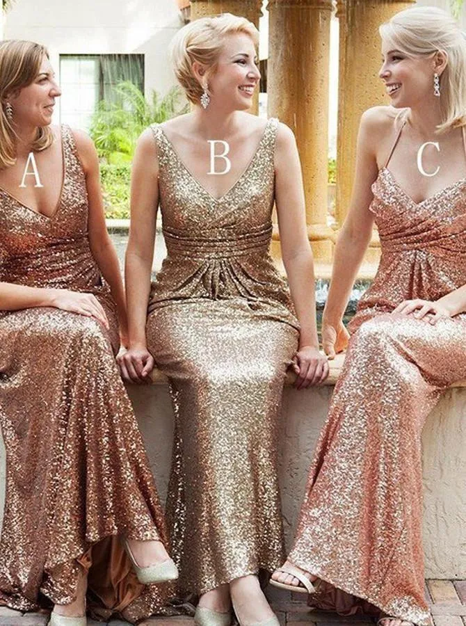 Sheath V-Neck Sweep Train Gold Sequined Bridesmaid Dress With Pleats TY0003