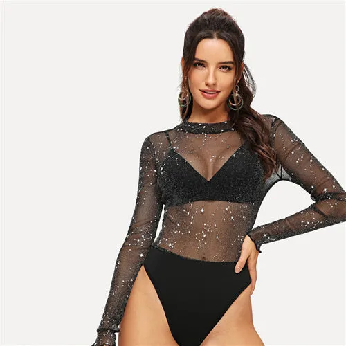 Sheer and Sparkle Bodysuit - Black / Transparent