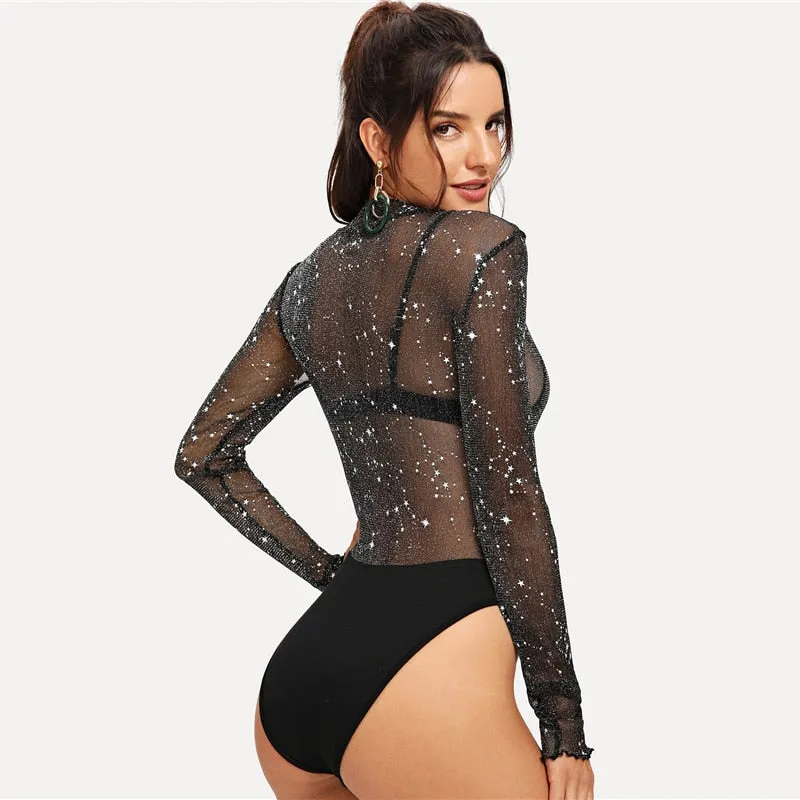 Sheer and Sparkle Bodysuit - Black / Transparent
