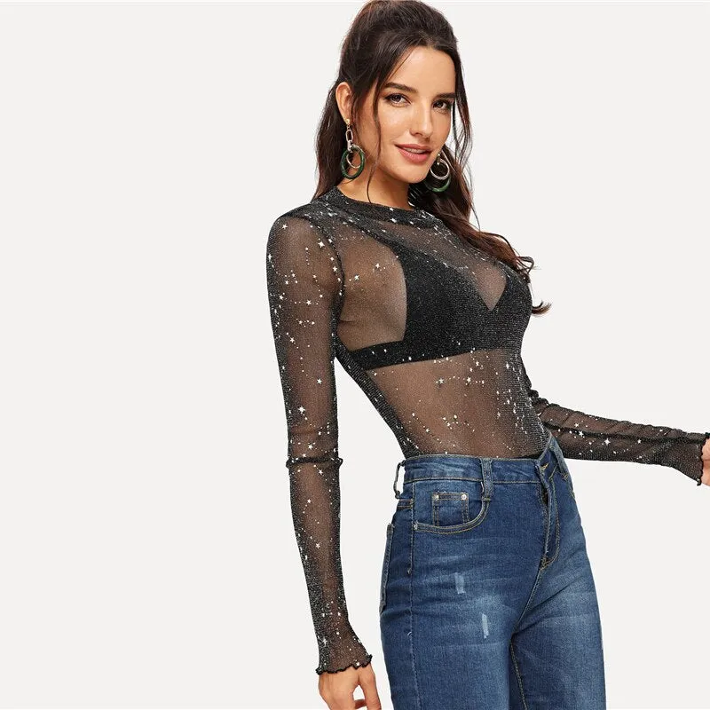 Sheer and Sparkle Bodysuit - Black / Transparent