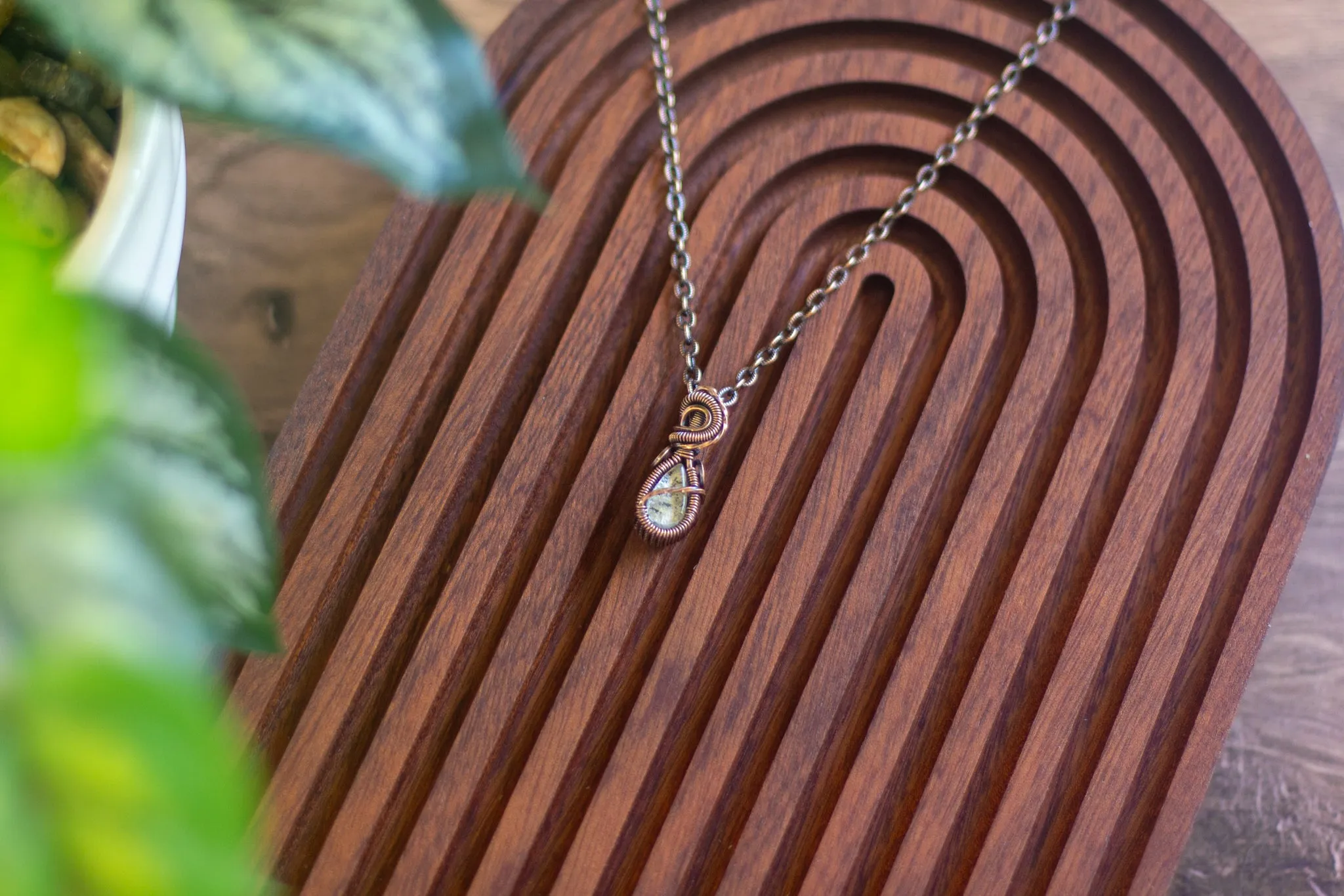 Silver Fused Glass Teardrop Pendant with Copper Wire Wrapping