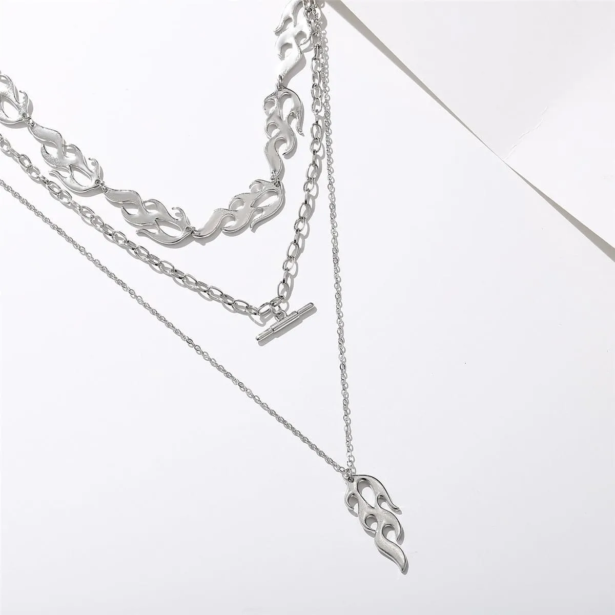 Silver-Plated Flames Layered Pendant Necklace
