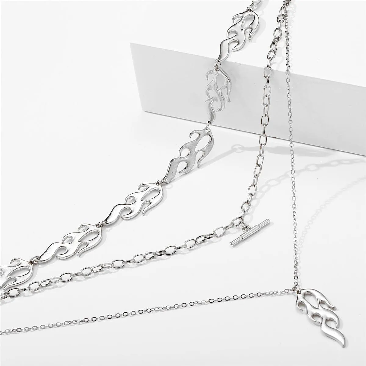 Silver-Plated Flames Layered Pendant Necklace
