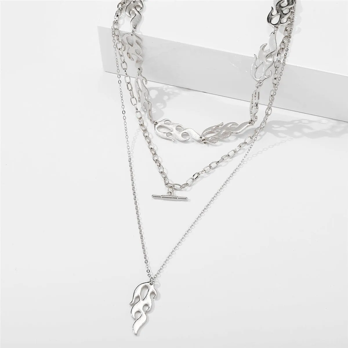 Silver-Plated Flames Layered Pendant Necklace
