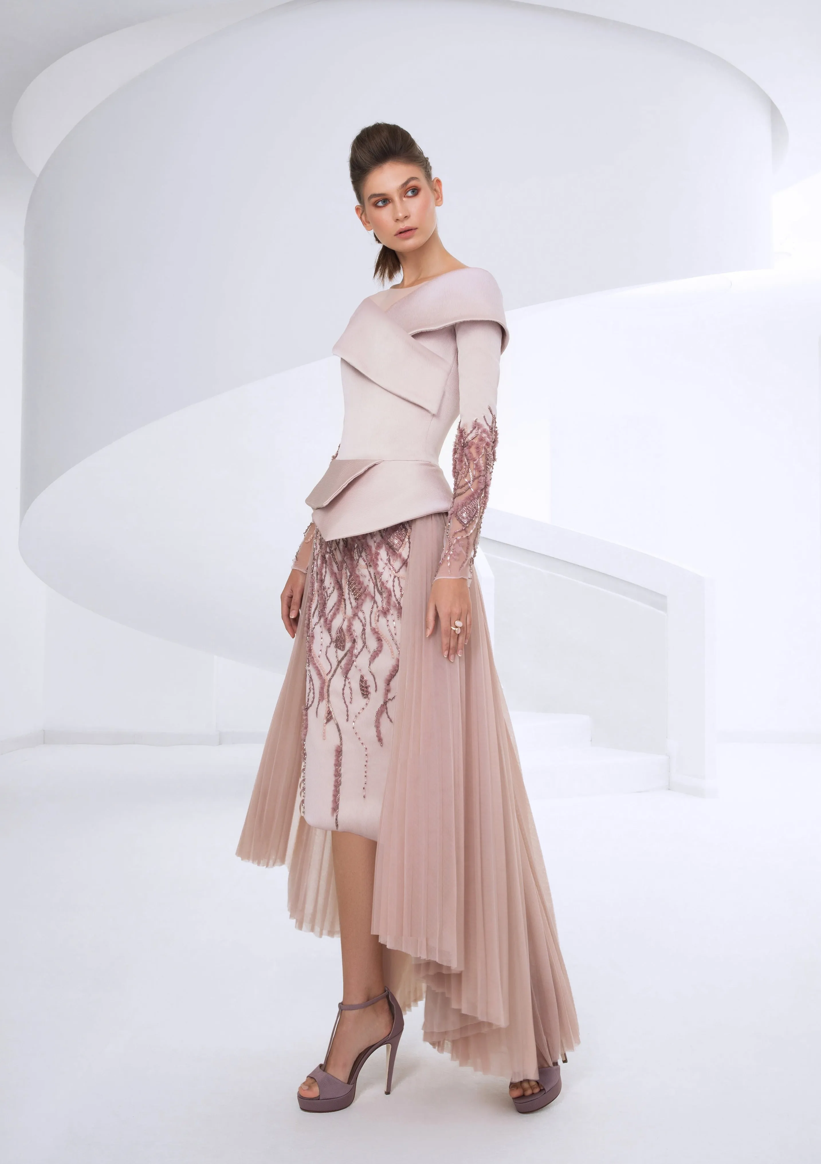SK • Pleated Overskirt Beaded Gown