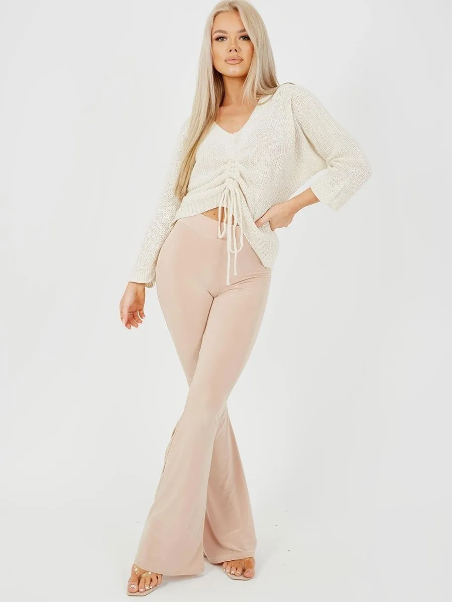 Stone Ruched Scrunch Back Slinky Flared Trousers