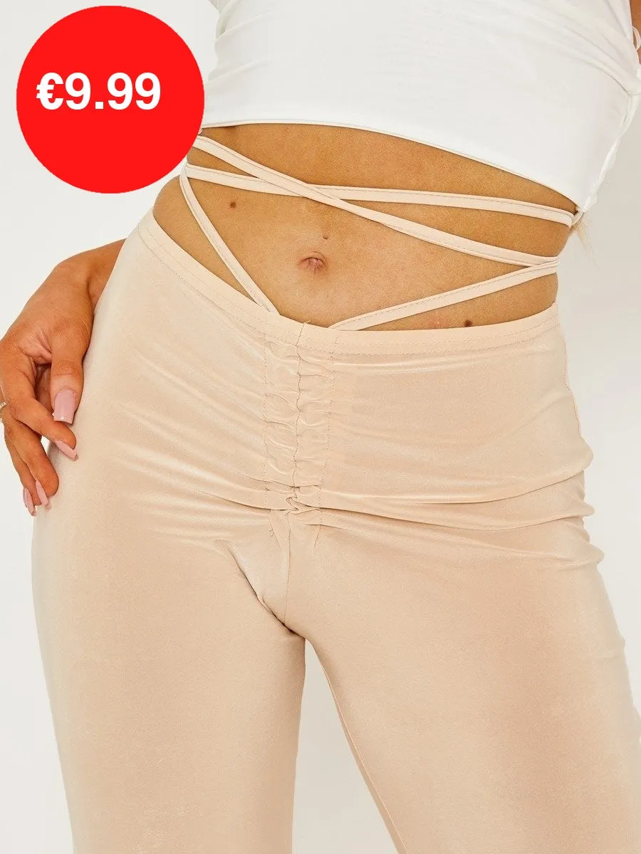 Stone Slinky Ruched Tie Waist Wide Leg Flare Trousers