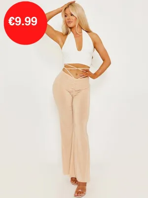 Stone Slinky Ruched Tie Waist Wide Leg Flare Trousers