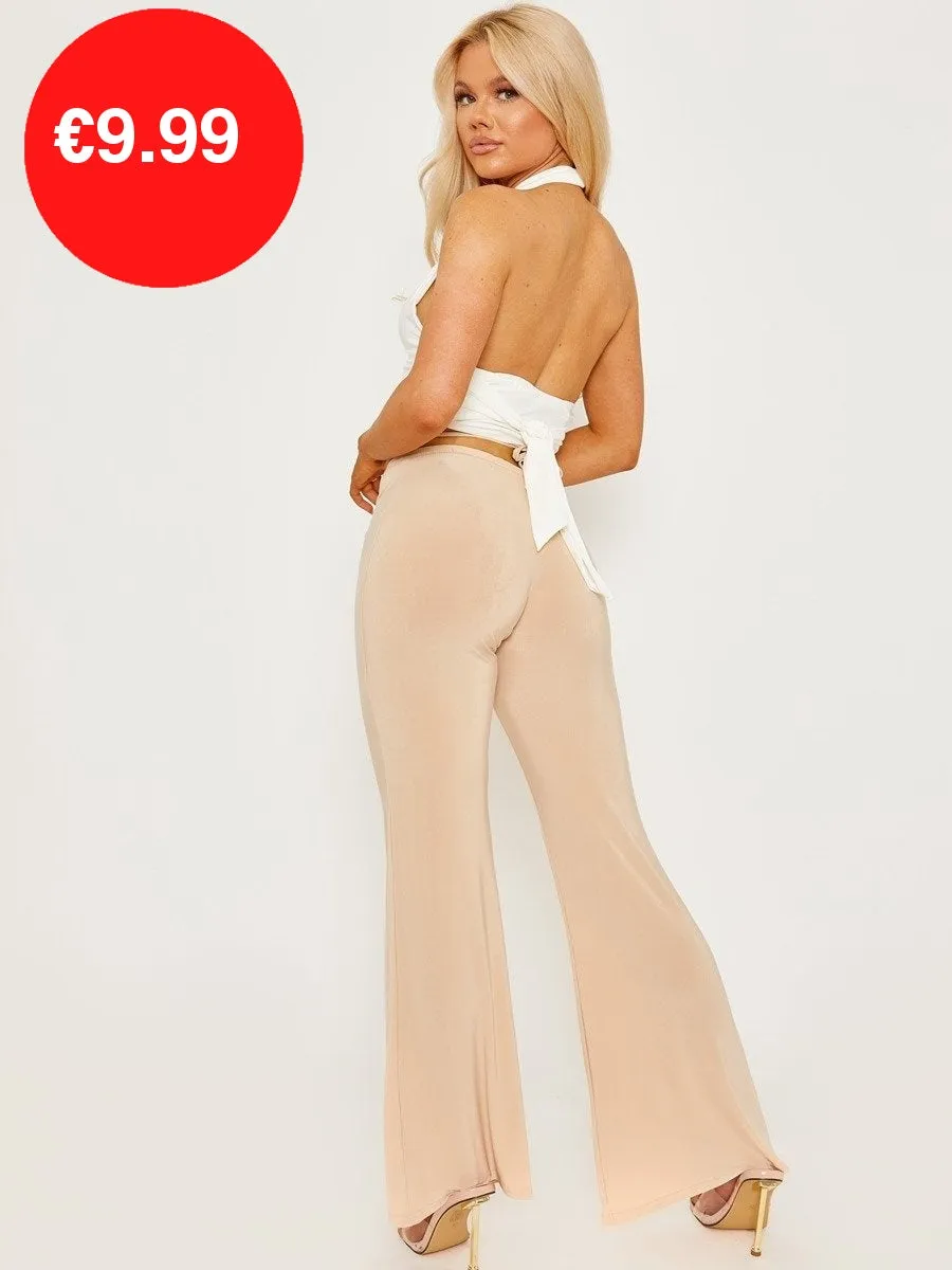 Stone Slinky Ruched Tie Waist Wide Leg Flare Trousers