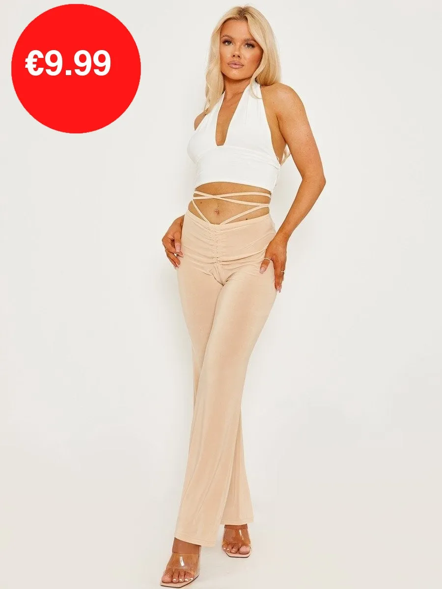 Stone Slinky Ruched Tie Waist Wide Leg Flare Trousers